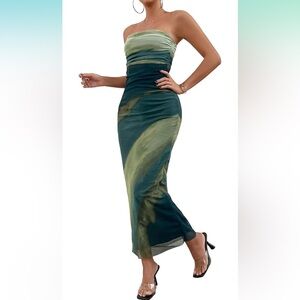 Women's Graphic Print Strapless Tube Mesh Split‎ Thigh Bodycon Long Dress S